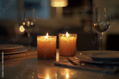 Warm candlelight creating a romantic mood for a dinner setting