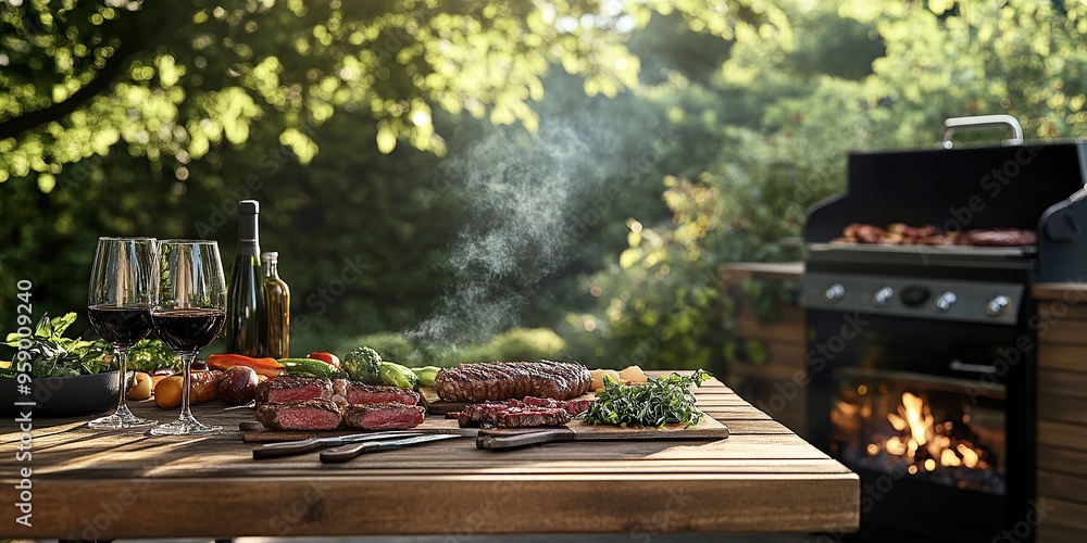 A wooden grill table with various steaks and vegetables, surrounded by wine glasses on the left side A wooden grill table with various steaks and vegetables, surrounded by wine glasses on the left side