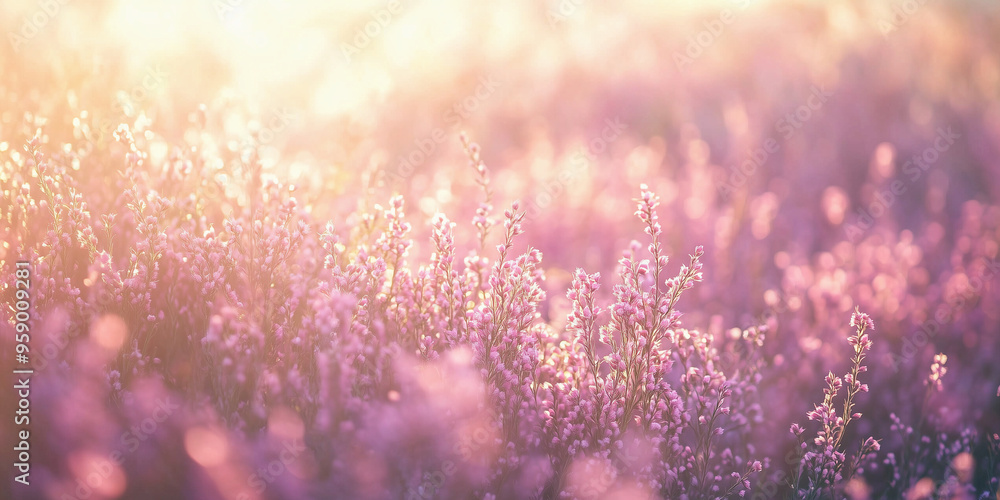 Fototapeta premium pink heather flowers, calluna bathed in warm sunlight