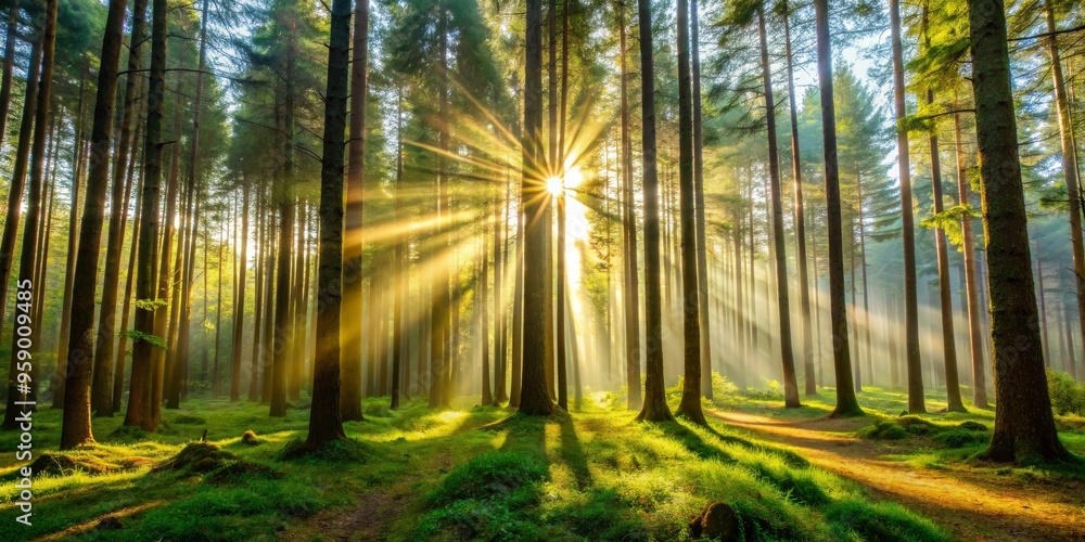Sunbeams Through the Forest Trees, Landscape, Nature Photography, Dawn, Forest, Sunlight Sunbeams Through the Forest Trees, Landscape, Nature Photography, Dawn, Forest, Sunlight