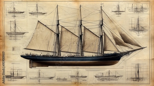 A detailed illustration of a sailing ship, showcasing its design and structure with multiple views and technical details. photo