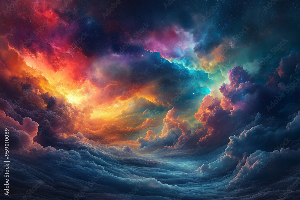 Colorful Swirling Nebula-Like Clouds Over an Abstract Landscape Colorful Swirling Nebula-Like Clouds Over an Abstract Landscape