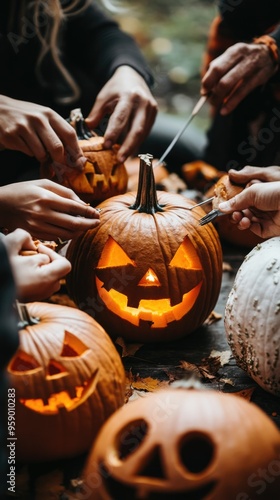 Pumpkin Carving Contest with Friends Laughing and Creating Unique Designs Under Dim Lights