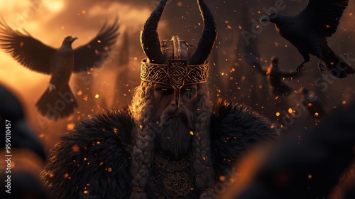 A horned king with a crown stands in a field of fire with crows flying around him. photo