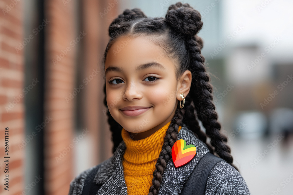 A young student girl . A heart-shaped LGBTQ pride badge is pinned to her jacket, symbolizing support and inclusion. The backdrop of brick buildings adds a modern, urban feel. A young student girl . A heart-shaped LGBTQ pride badge is pinned to her jacket, symbolizing support and inclusion. The backdrop of brick buildings adds a modern, urban feel.