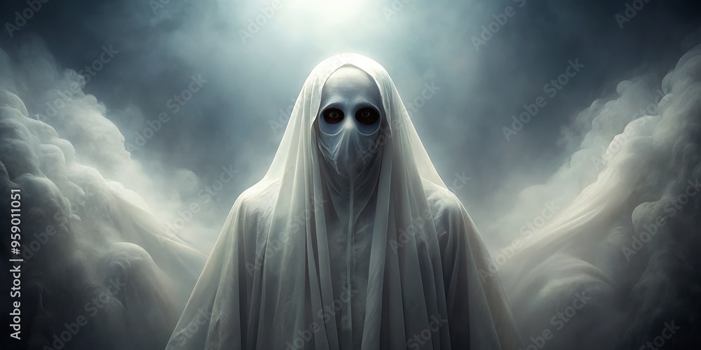 The Ghostly Gaze Digital Painting of a Figure in a White Hood Surrounded by Mist, halloween, spooky, ethereal