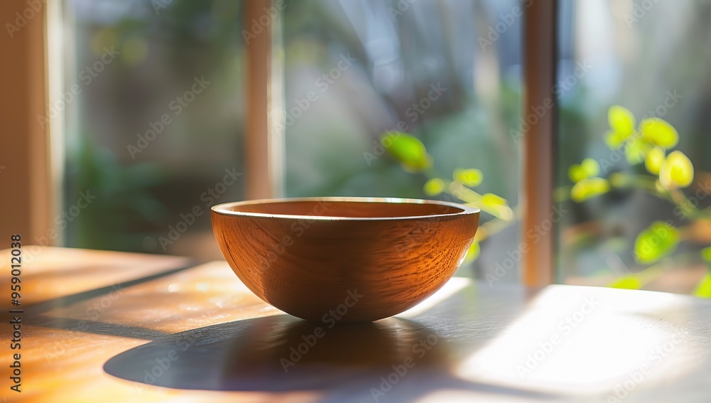 A wooden bowl placed on the table, captured in soft sunlight, with a blurred window and natural background A wooden bowl placed on the table, captured in soft sunlight, with a blurred window and natural background