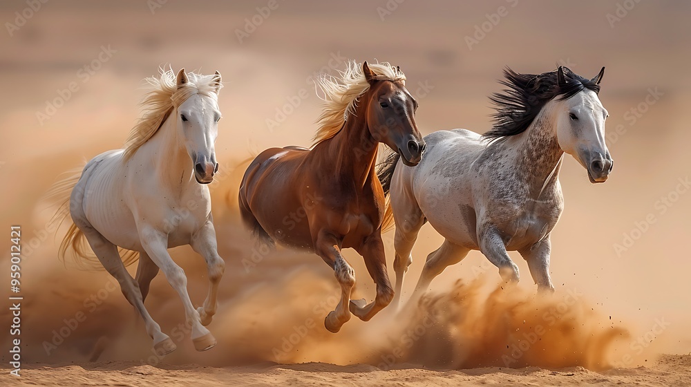Three horses running through a desert, kicking up dust. Three horses running through a desert, kicking up dust.
