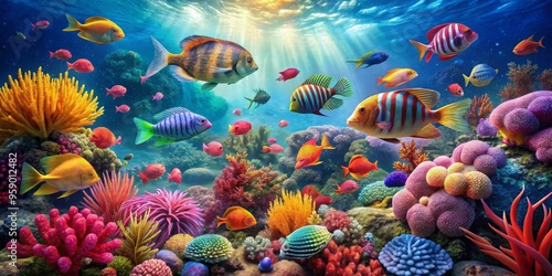 Underwater Paradise Vibrant Coral Reef with Colorful Fish, Digital Painting, Sunbeams, Ocean Life, Underwater World, Coral Reef, Tropical Fish