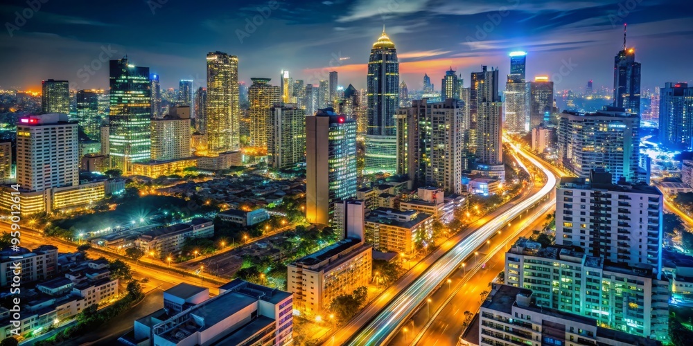 Fototapeta premium Urban Lightscape A Nighttime Symphony of Skyscrapers and Traffic, cityscape, night photography, urban life