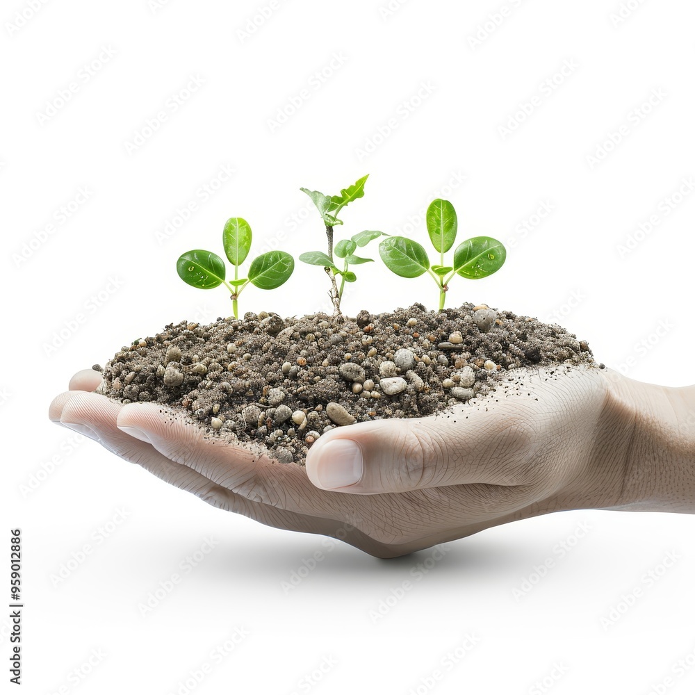 a 3D hand with seedlings and small pebbles, natural growth, green sprouts and mixed soil, isolated on white background a 3D hand with seedlings and small pebbles, natural growth, green sprouts and mixed soil, isolated on white background