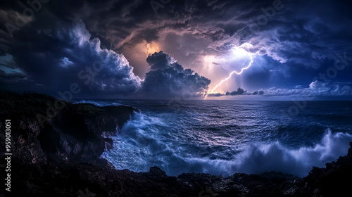 Dramatic Ocean Storm with Lightning Strikes