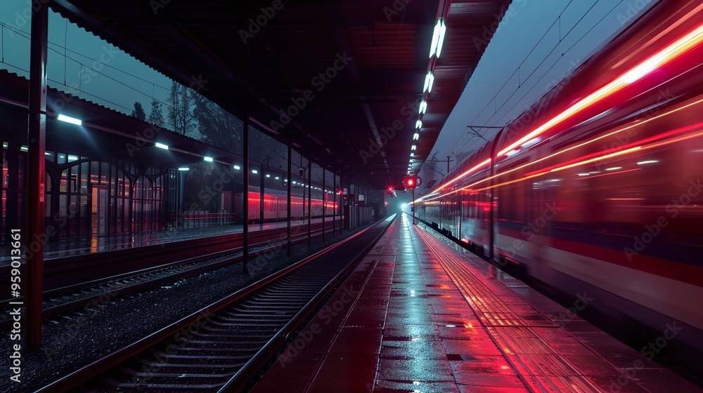 A train speeds through a station platform at night, leaving a trail of red light. A train speeds through a station platform at night, leaving a trail of red light.