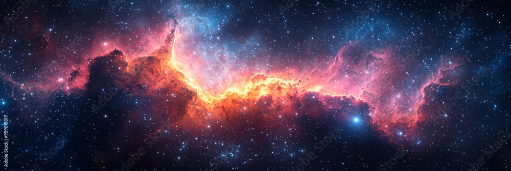 Fototapeta premium A breathtaking view of a nebula, a celestial cloud of gas and dust, illuminating the dark expanse of space with vibrant hues of red, orange, and blue.