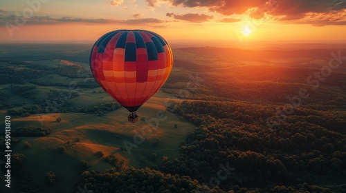 Hot Air Balloon Soaring Above the Landscape at Sunset