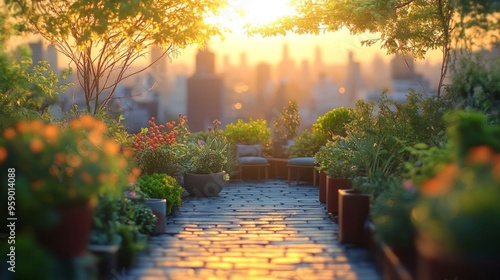 A vibrant urban rooftop garden at sunset, showcasing lush greenery, cozy seating, and a serene cityscape backdrop.