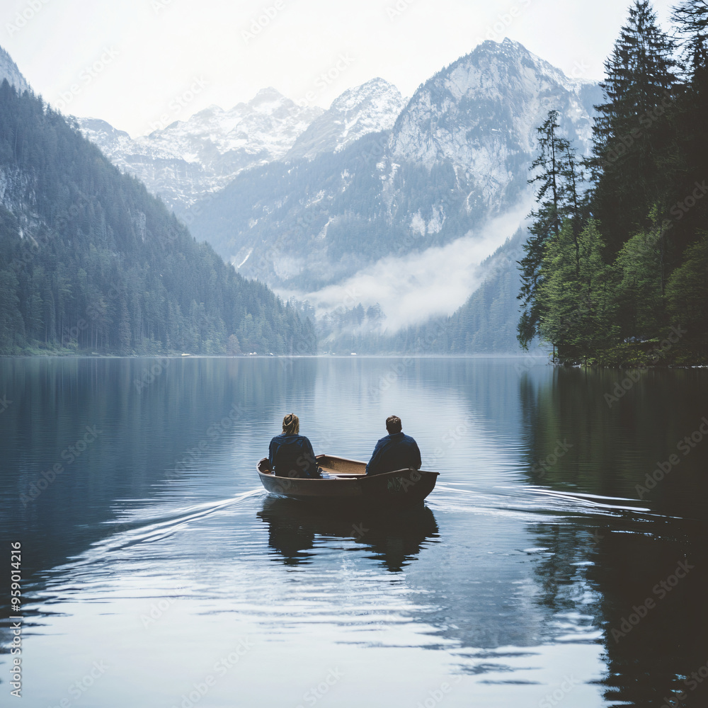 A couple enjoying a relaxing boat ride at a mountain lake. A couple enjoying a relaxing boat ride at a mountain lake.
