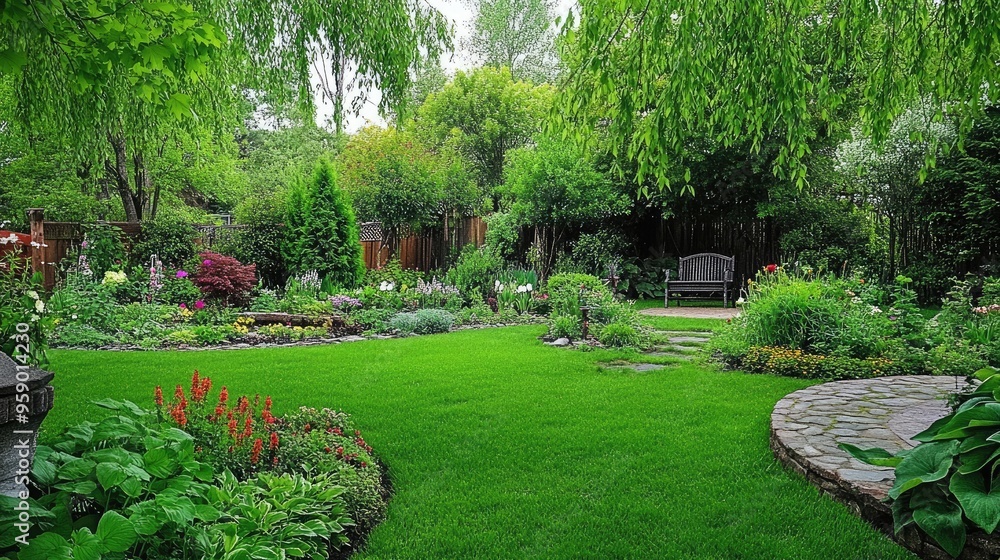 Naklejka premium A lush garden with vibrant flowers, greenery, and a serene seating area.