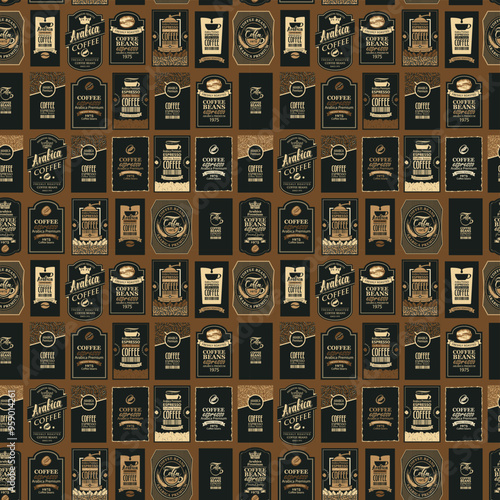 Vector seamless pattern on coffee and coffee house theme with various labels for coffee beans in retro style. Can be used as wallpaper or wrapping paper