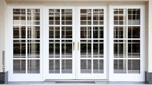 White double doors with glass panels and a security window provide an elegant entrance to a home, flanked by potted greenery in a well-lit area