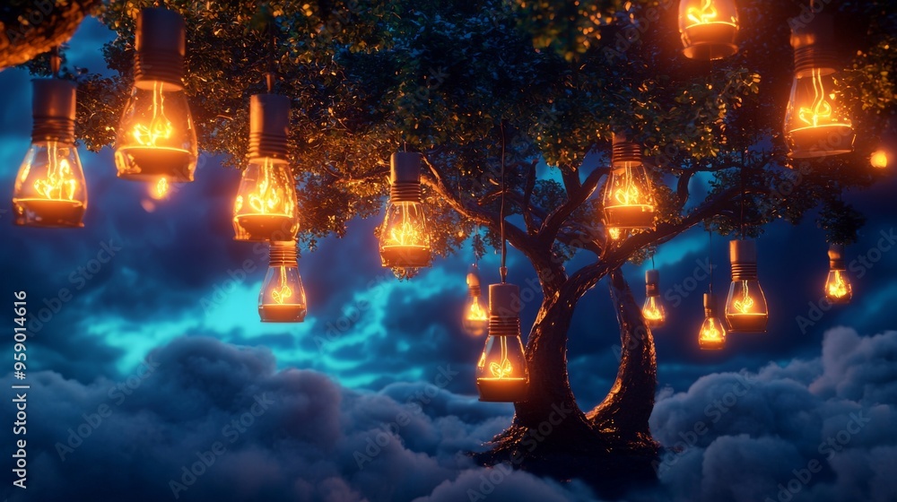 A lone tree with glowing lanterns hangs amidst a surreal cloudy sky. The orange light creates a magical atmosphere. A lone tree with glowing lanterns hangs amidst a surreal cloudy sky. The orange light creates a magical atmosphere.