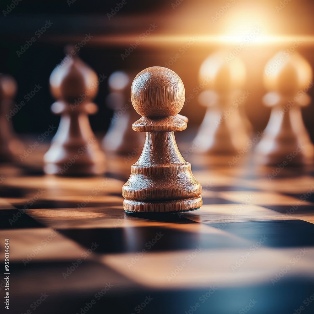 A lone white pawn stands on a chessboard, surrounded by other pieces A lone white pawn stands on a chessboard, surrounded by other pieces