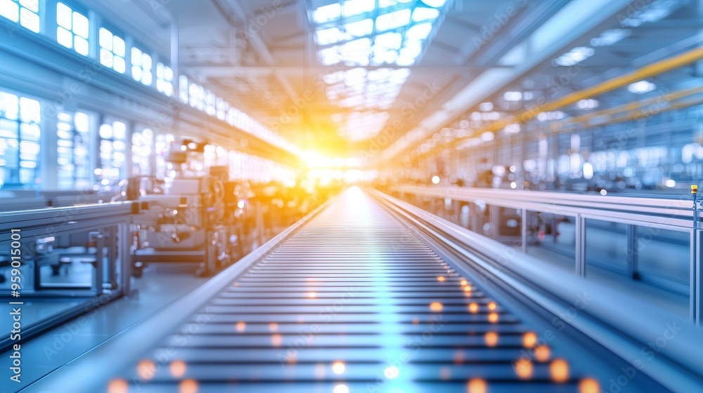 A long, empty production line in a modern factory with sunlight streaming through the windows. A long, empty production line in a modern factory with sunlight streaming through the windows.