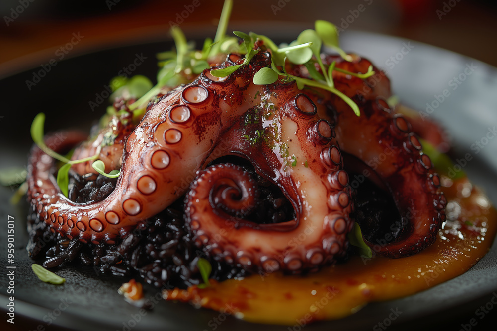 A vibrant plate of cooked octopus on black rice garnished with fresh herbs captures the essence of modern culinary art A vibrant plate of cooked octopus on black rice garnished with fresh herbs captures the essence of modern culinary art