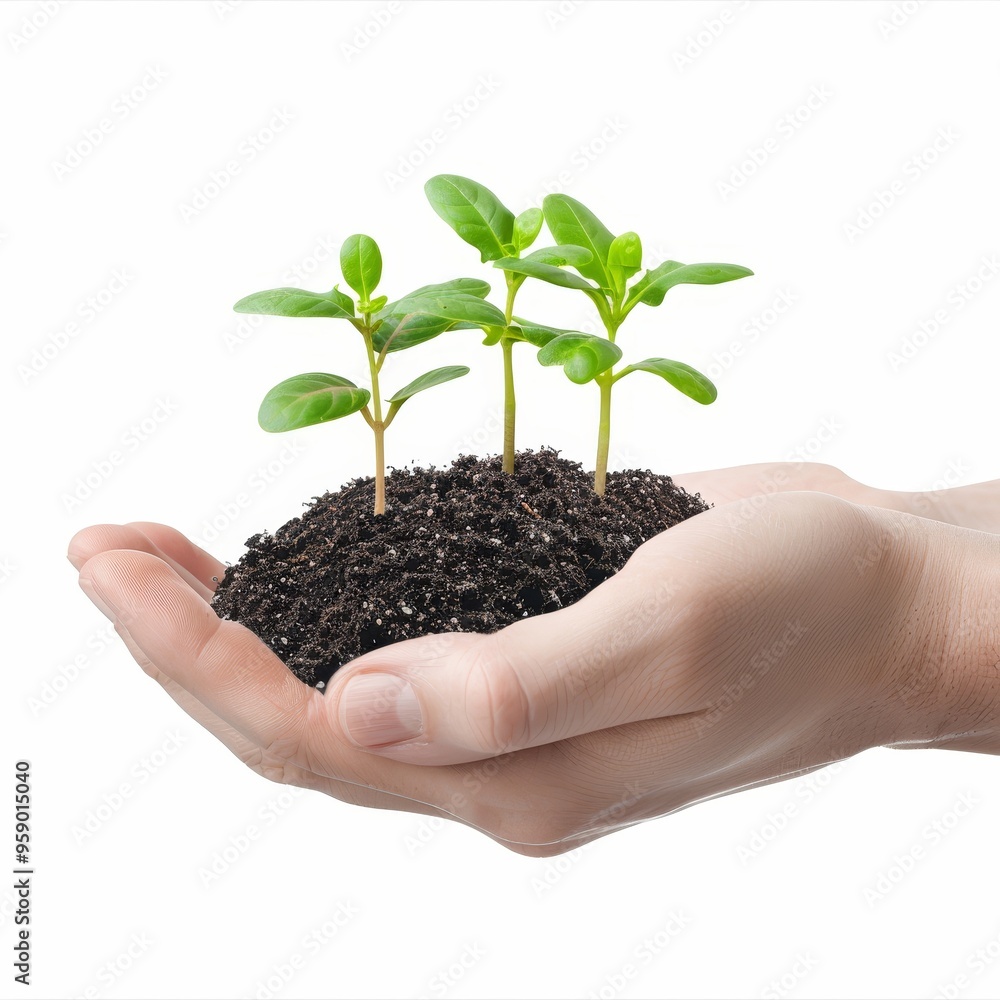 a 3D hand with small seedlings, new life, green sprouts and soil, isolated on white background a 3D hand with small seedlings, new life, green sprouts and soil, isolated on white background