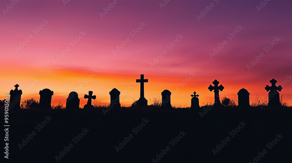 Fototapeta premium Silhouette of gravestones and crosses in a grassy cemetery at sunset, with a haunting orange sky. Eerie, atmospheric, and evocative of Halloween