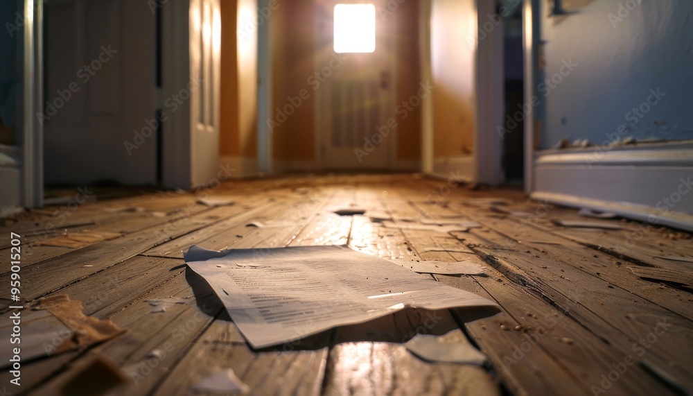A long, narrow hallway with peeling paint and a worn wooden floor. Light streams in from an open doorway at the end. A long, narrow hallway with peeling paint and a worn wooden floor. Light streams in from an open doorway at the end.