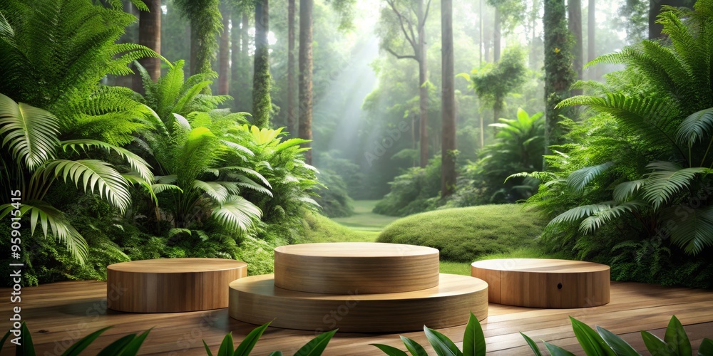 Wooden Podiums in a Lush Green Jungle Setting, Product Display, Showcase, Nature Wooden Podiums in a Lush Green Jungle Setting, Product Display, Showcase, Nature