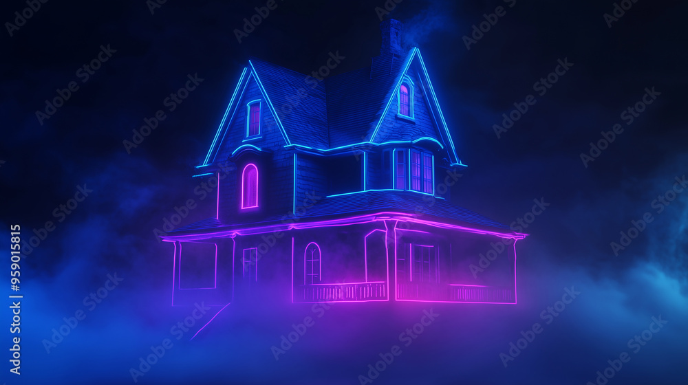 A neon-outlined haunted house with vibrant pink and blue lights, set against a dark background with swirling mist, creating an eerie yet modern atmosphere. A neon-outlined haunted house with vibrant pink and blue lights, set against a dark background with swirling mist, creating an eerie yet modern atmosphere.