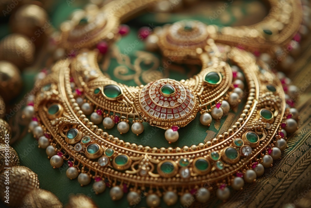 Gold necklace with emerald and pearl accents on green background Gold necklace with emerald and pearl accents on green background