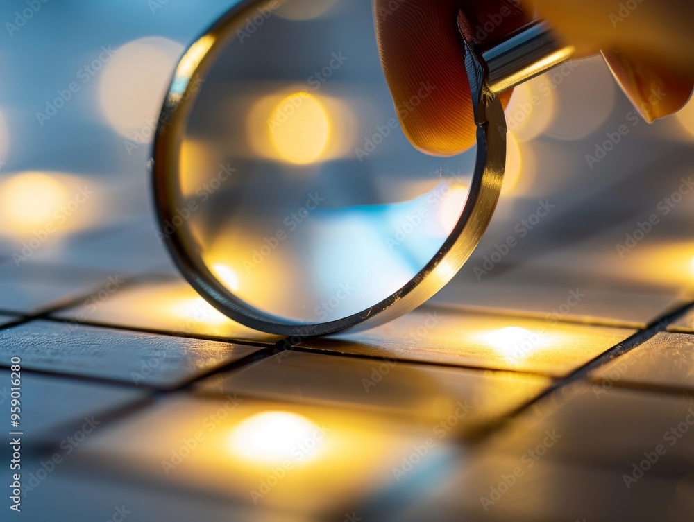 A magnifying glass held over a grid of squares with blurred lights in the background. A magnifying glass held over a grid of squares with blurred lights in the background.
