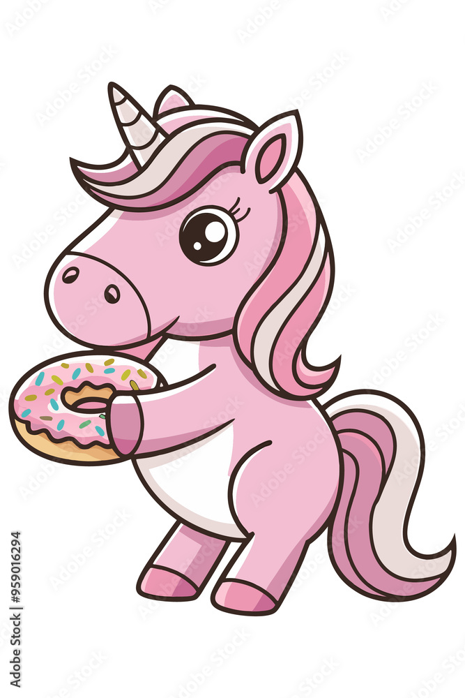A cartoon illustration of a pink unicorn is holding a doughnut in its hooves. A cartoon illustration of a pink unicorn is holding a doughnut in its hooves.