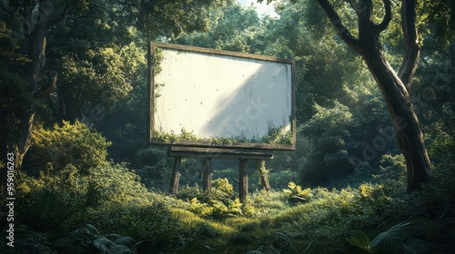 An abandoned billboard covered in greenery in the heart of a lush forest, showcasing nature reclaiming man-made structures.