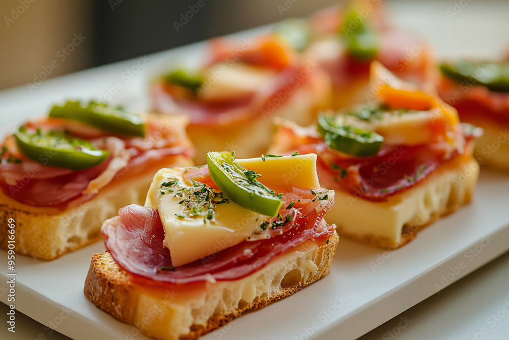 Delicious Iberian ham sandwiches served fresh in a bustling deli during a sunny afternoon Delicious Iberian ham sandwiches served fresh in a bustling deli during a sunny afternoon