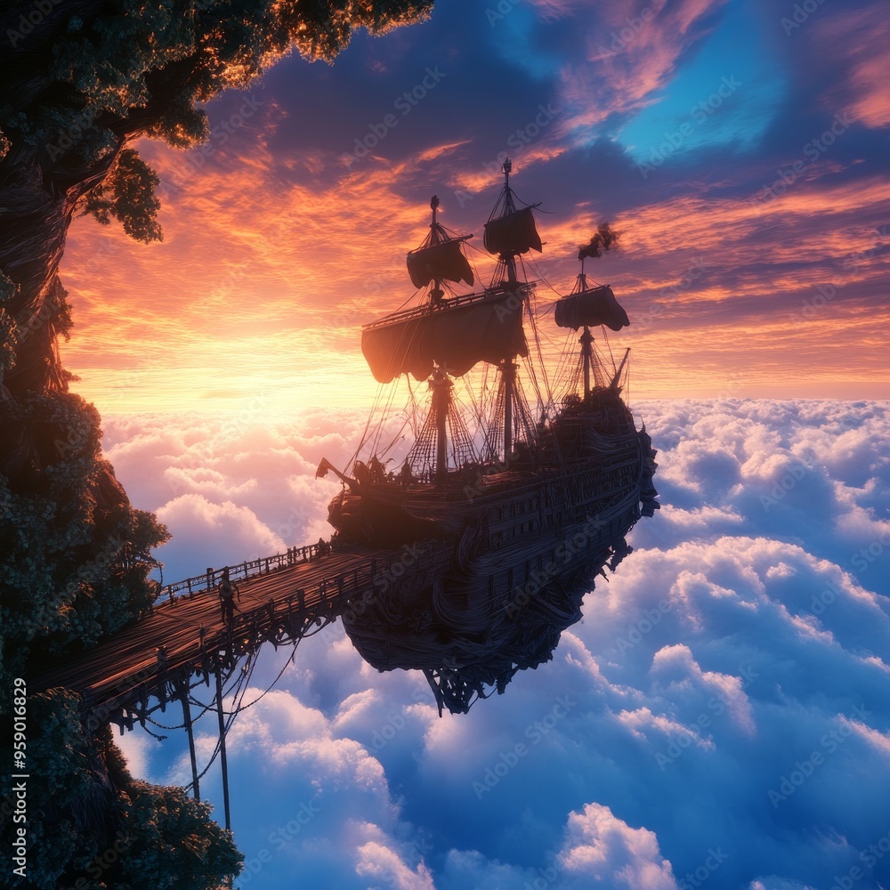 A majestic ship sails through the clouds at sunset, a wooden bridge leading to its deck. A sense of adventure and wonder fills the air. A majestic ship sails through the clouds at sunset, a wooden bridge leading to its deck. A sense of adventure and wonder fills the air.