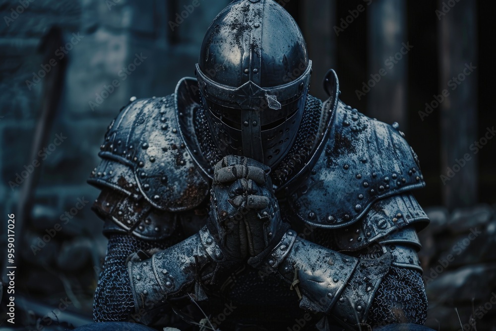 Fototapeta premium A knight is kneeling in a field, looking down, generative ai image