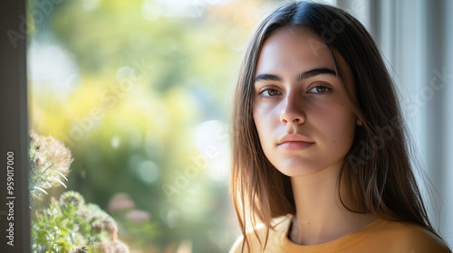 Portrait of a 20-year-old student, with a focused expression, standing by a window, the outdoor scenery blurred