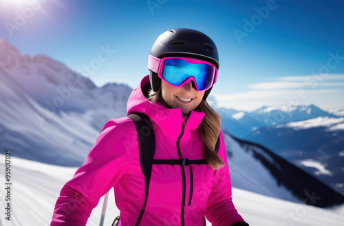 Happy snowboarder skier woman wear pink suit goggles mask hat ski padded jacket look at camera on snow mountain nature background.