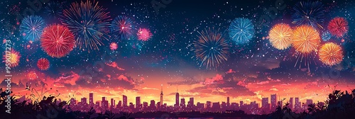 A breathtaking scene of fireworks illuminating the city skyline at sunset, capturing the essence of festive celebrations with colorful bursts lighting up the twilight sky. photo