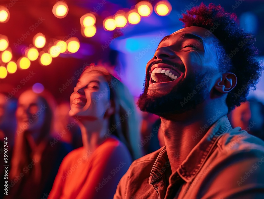 A man laughs heartily at a comedy show, surrounded by other happy audience members. The stage lights cast warm and vibrant colors on the crowd. A man laughs heartily at a comedy show, surrounded by other happy audience members. The stage lights cast warm and vibrant colors on the crowd.