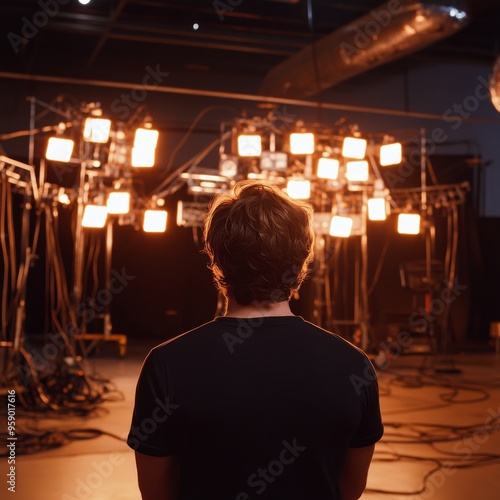 A man stands in a dark room, illuminated by a grid of bright lights, creating a striking contrast. The light casts a dramatic glow, highlighting his silhouette.