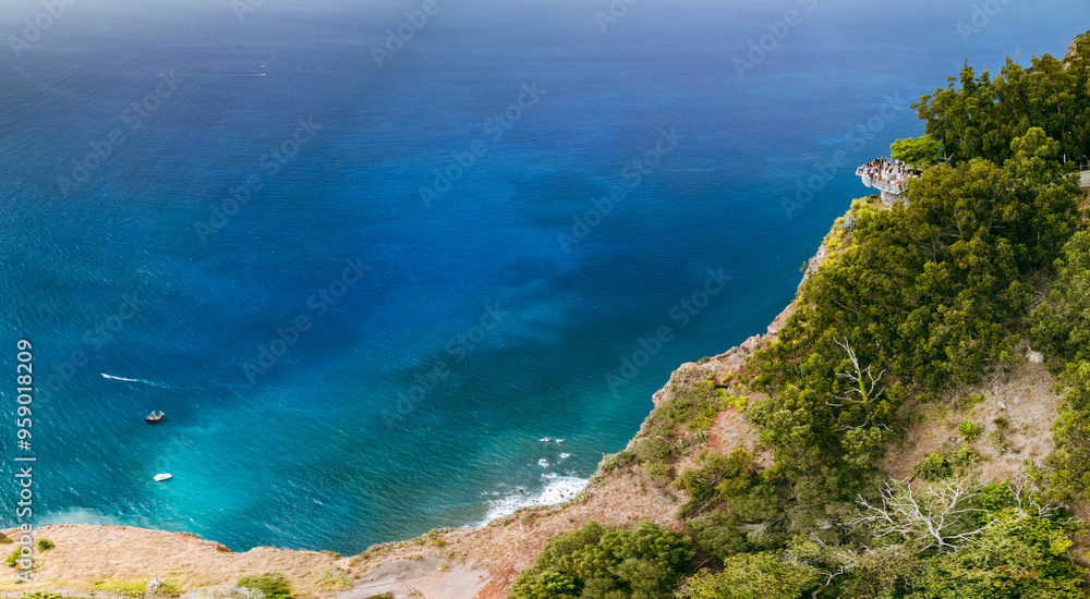 Drone aerial photography of Cabo Girão - tourist lookout point on a lofty sea cliff located along the southern coast of the Madeira Island
