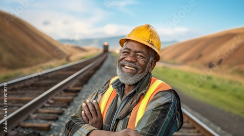 A cheerful railway worker wearing a hard hat and reflective vest stands confidently next to the tracks. Lush green hills rise in the background under a bright blue sky