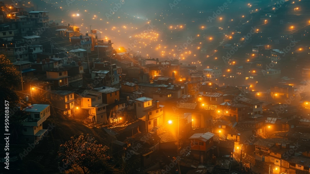 Fototapeta premium A misty cityscape at night, illuminated by streetlights, creating a warm, inviting ambiance.