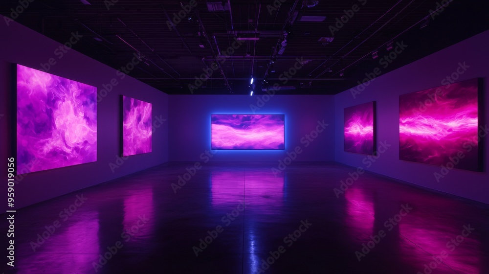 A modern art gallery with four abstract paintings in vibrant purple hues, glowing with an ethereal light. A modern art gallery with four abstract paintings in vibrant purple hues, glowing with an ethereal light.