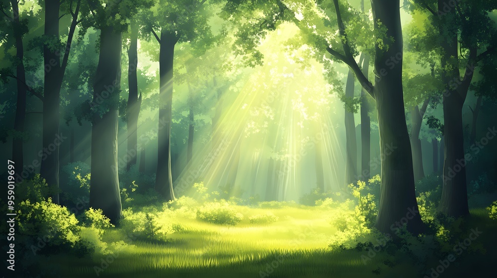 Obraz premium Sunbeams Illuminating a Forest